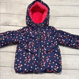Toddler Girls Puffer coat jacket with hood 2T navy blue with heart pattern